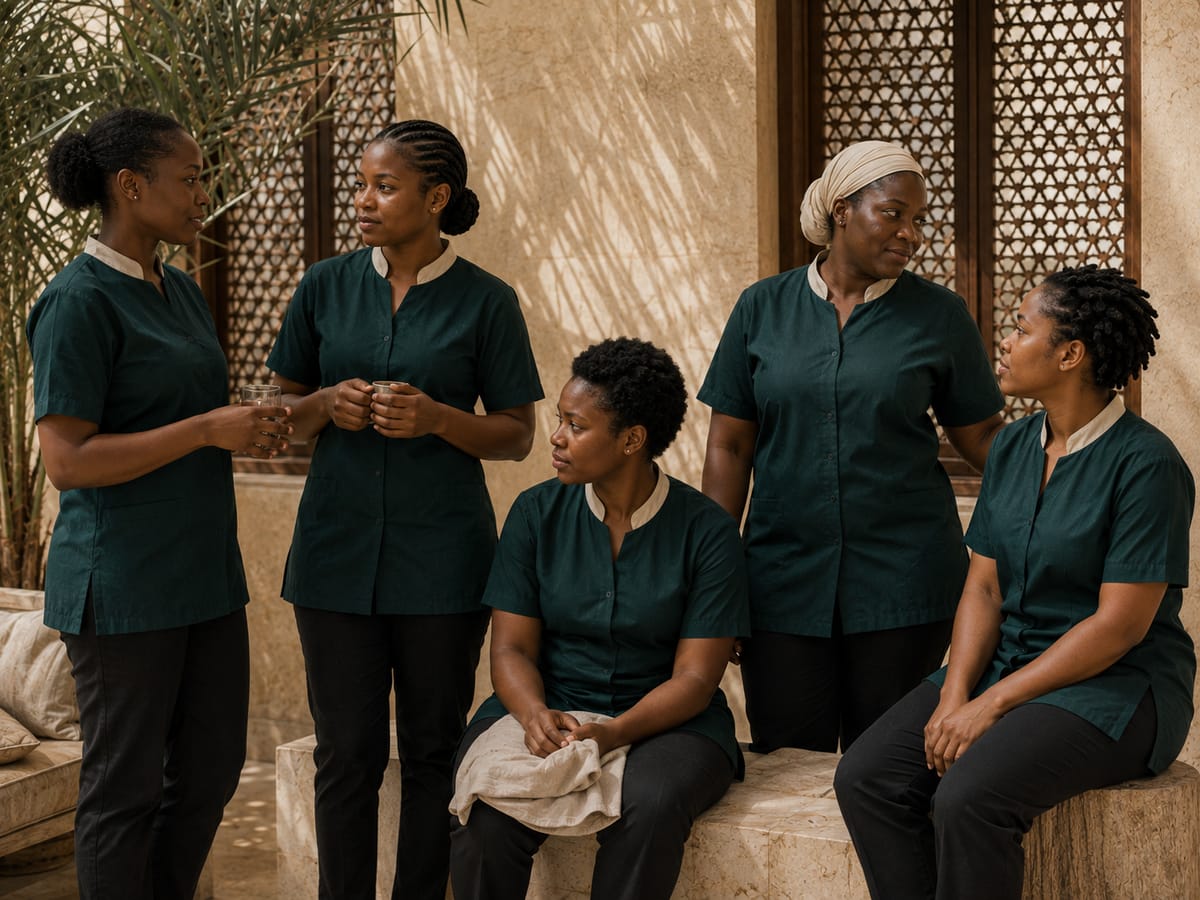خمس عاملات من فريق Prime Home Staffing يقفن معًا في فناء فيلا