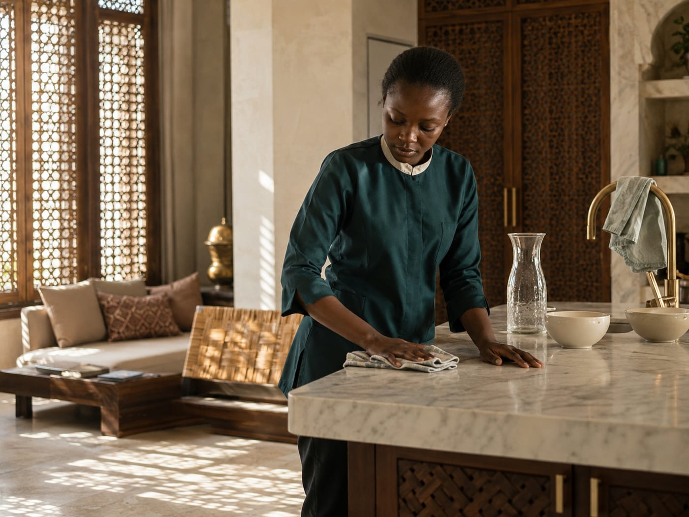 عاملة منزلية من Prime Home Staffing تمسح سطح مطبخ رخامي في فيلا بجدة