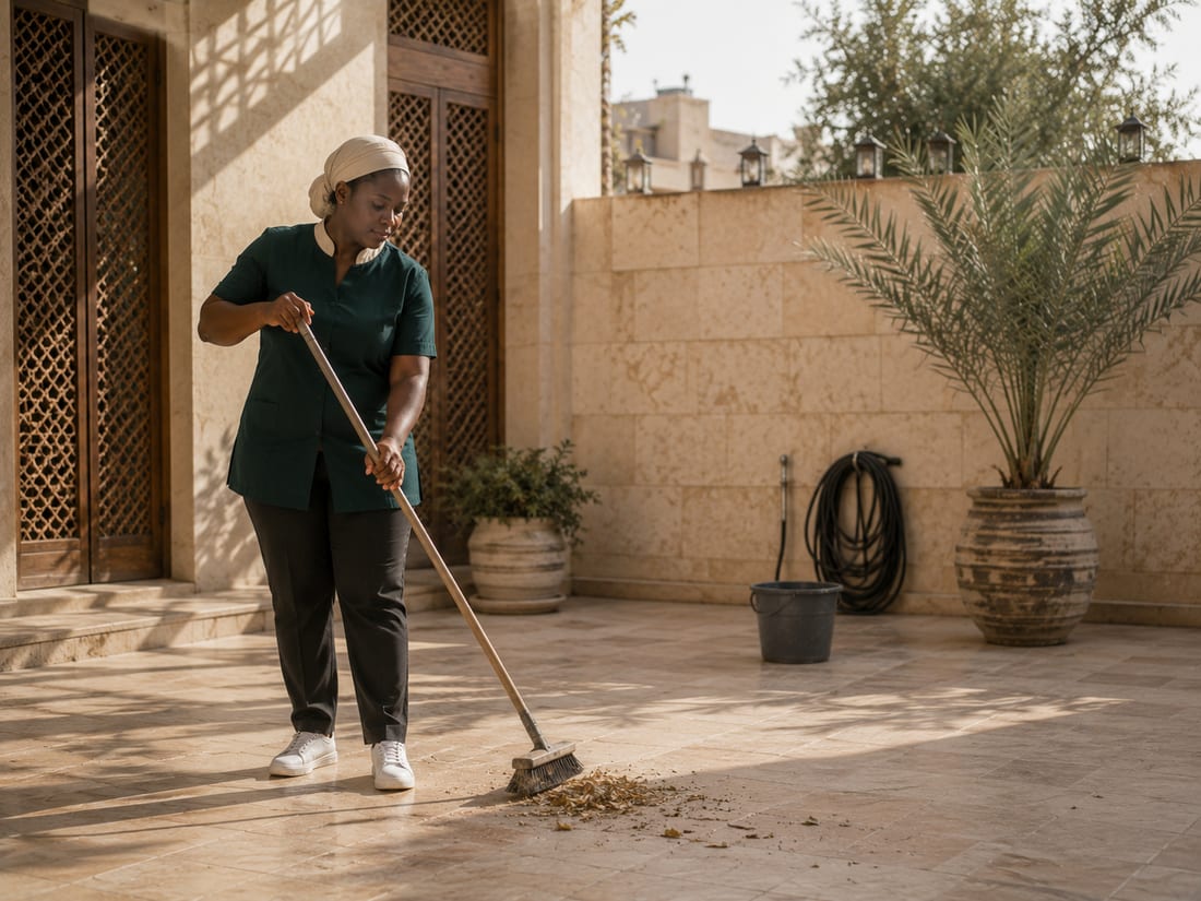 عاملة منزلية تكنس فناء فيلا مبلّطًا في الصباح الباكر