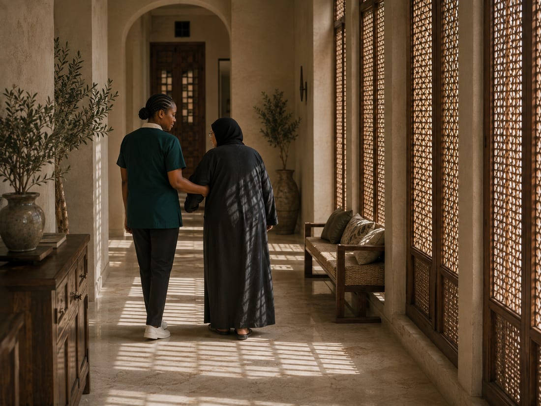 مرافِقة تسير إلى جانب سيدة مسنّة في ممر مظلل داخل فيلا